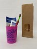 KIGA-Zahnpflegebeutel pink mit Zahnbürste Modell Happy im Papierbeutel