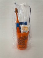 Junior-Zahnpflegebeutel orange mit Zahnbürste Modell K im Kordelzugbeutel